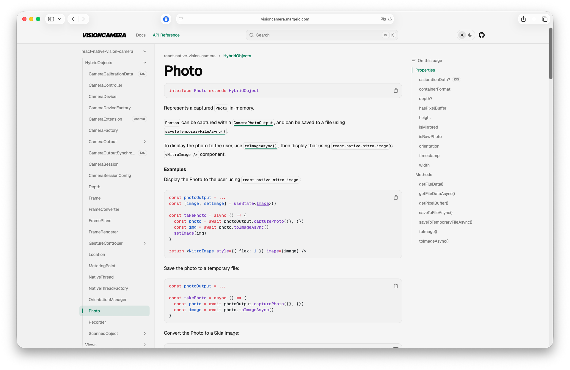 visioncamera.margelo.com/api Photo Page